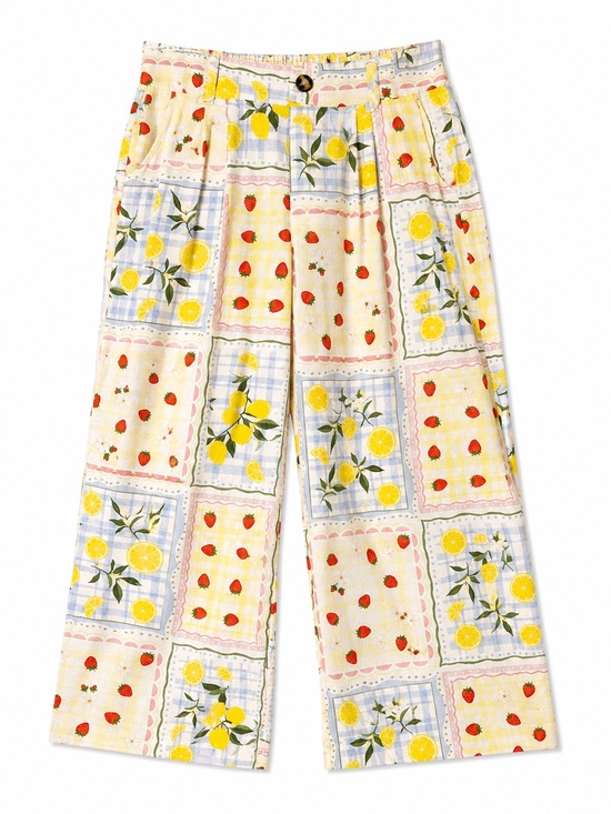 Tuiléa Pants - Tuiléa Strawberry Lemon Print Linen Blend Wide Leg Pants Cottagecore
Medium